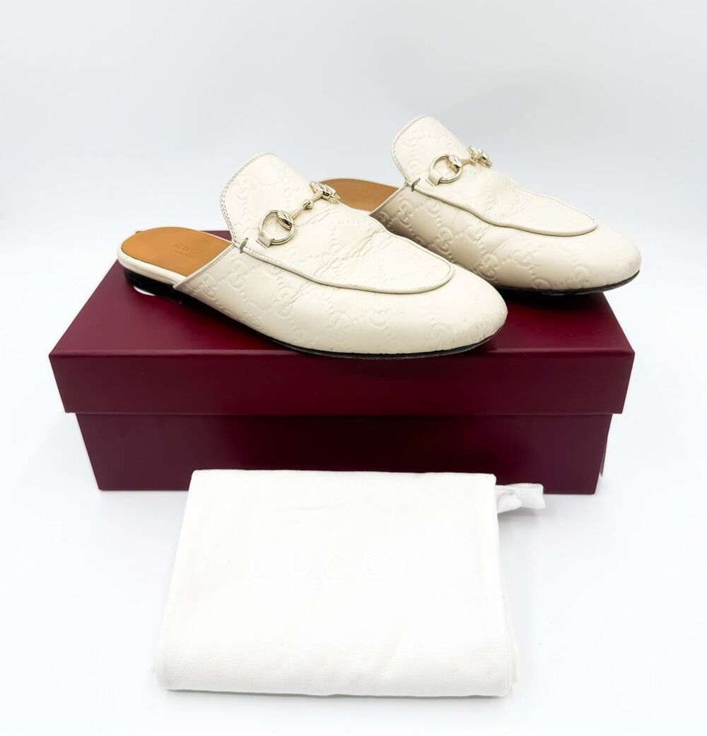 Gucci Princetown Horsebit Mule Loafers White GG Embossed Leather EU 37.5 US 7.5